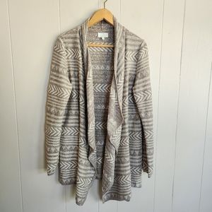 Lucky Brand open front cardigan waterfall edge tan cream boho weave pattern M